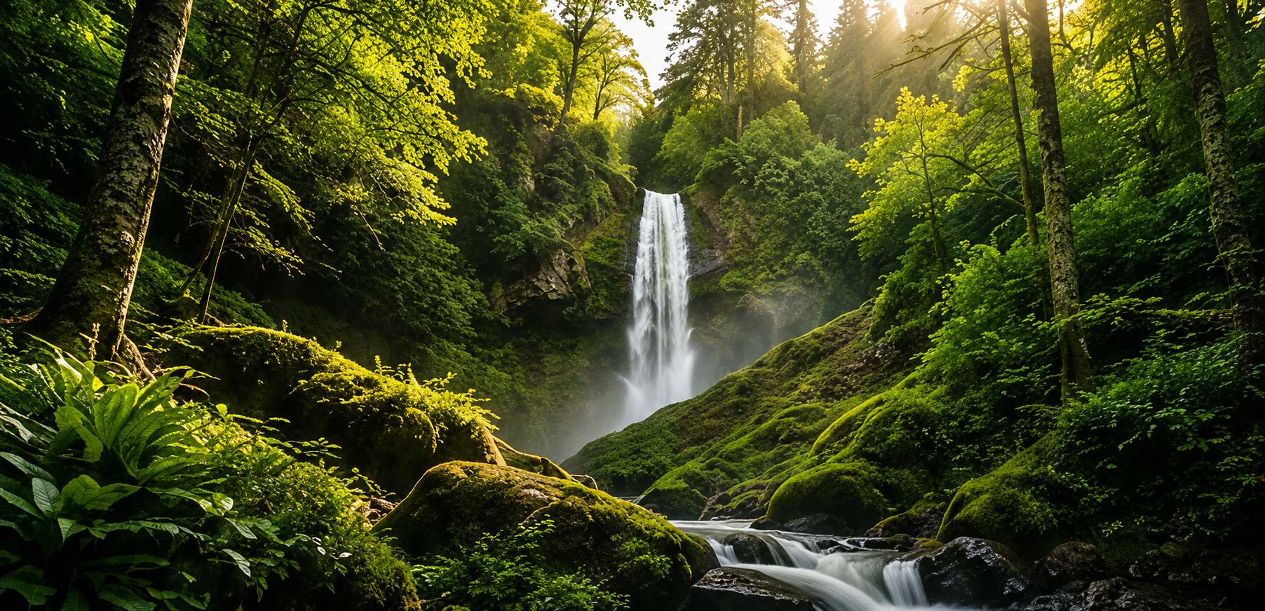 A waterfall in a lush green forest