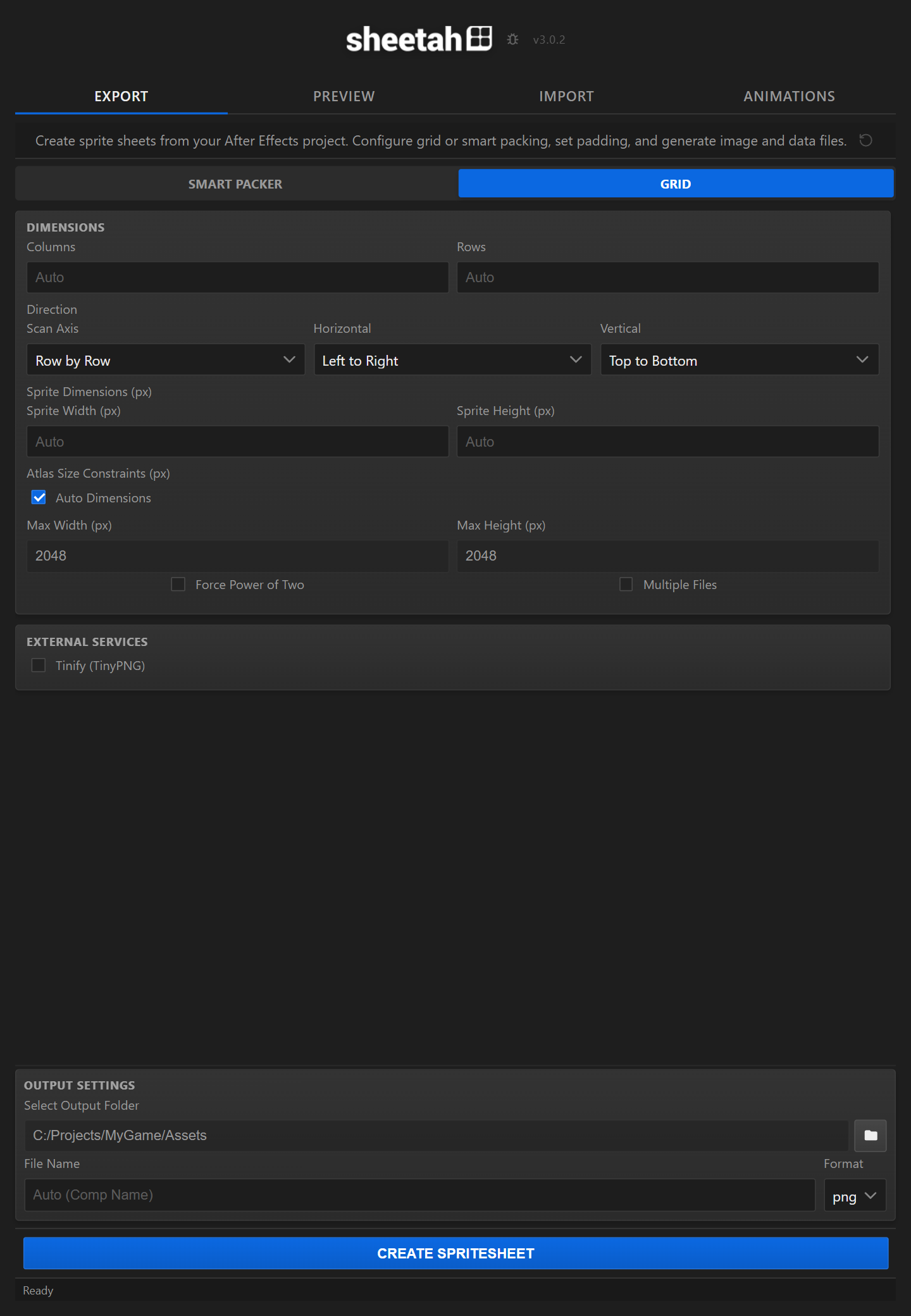 The Export tab in Grid mode with columns and rows.