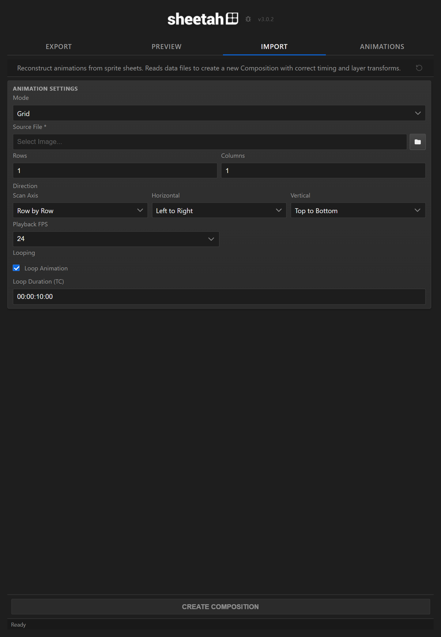 The Import tab, rebuilding a composition from a sprite sheet.